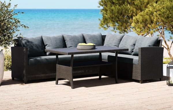 Stockholm Black 6 Seater Rattan Corner Lounge Set